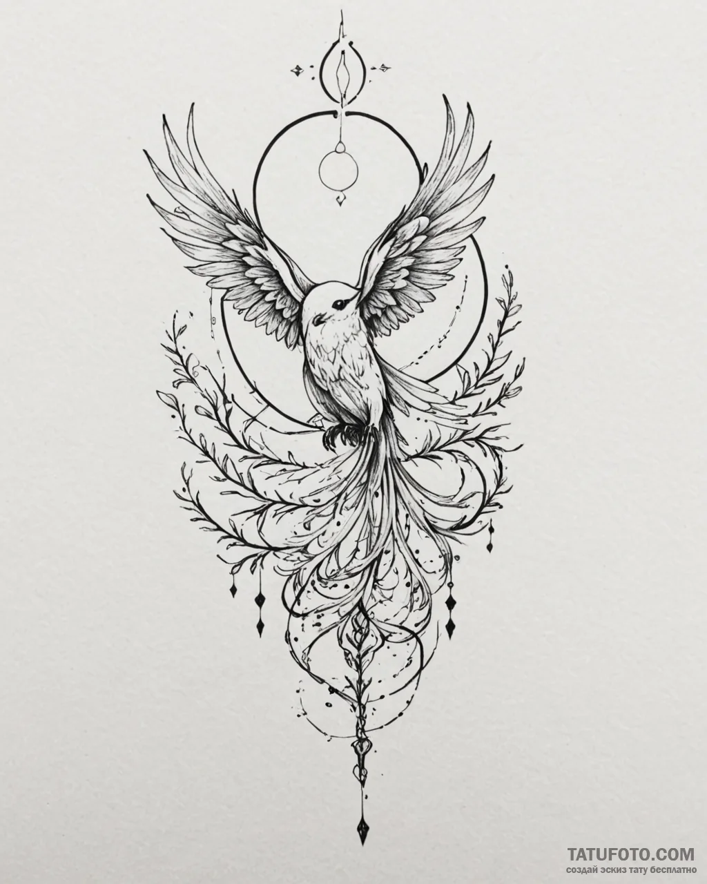 Tattoo sketch, ethereal bird with eyes glowin... - эскиз тату (№1753120773_0, 21.07.2025 17:59) — Tatufoto.com
