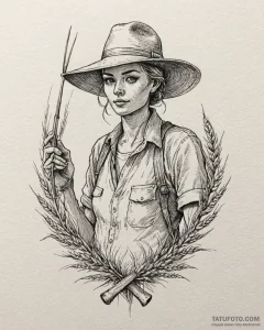 Tat tattoo sketch, farmer’s sunhat and pitchf... - эскиз тату (№1753121104_0, 21.07.2025 18:05) — Tatufoto.com