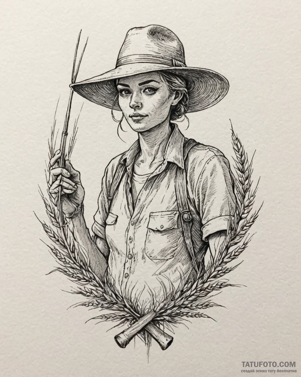 Tat tattoo sketch, farmer’s sunhat and pitchf... - эскиз тату (№1753121104_0, 21.07.2025 18:05) — Tatufoto.com