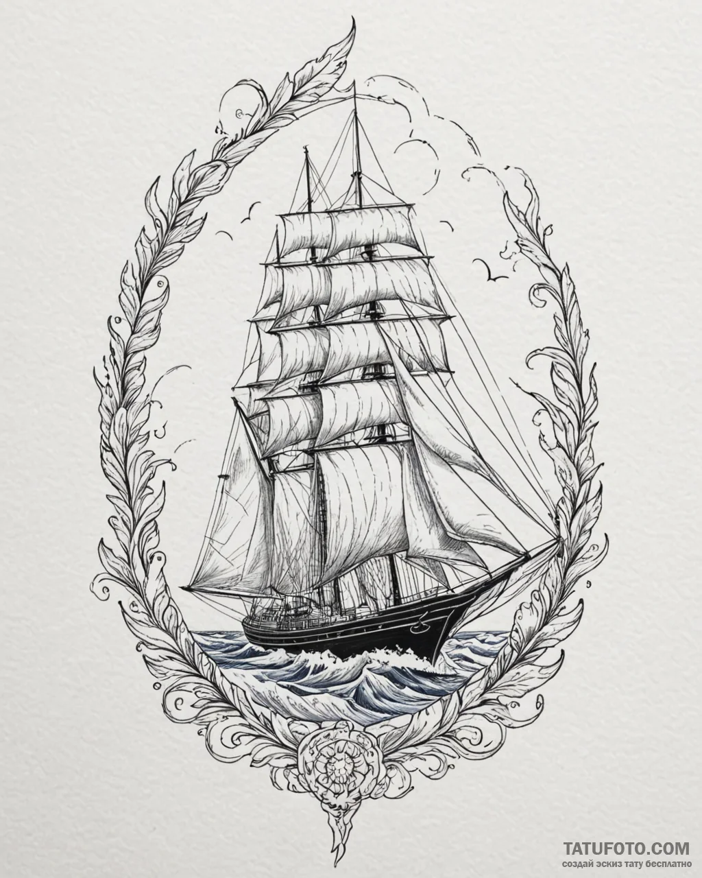 Tattoo sketch, sailing yacht cutting through... - эскиз тату (№1753122486_0, 21.07.2025 18:28) — Tatufoto.com