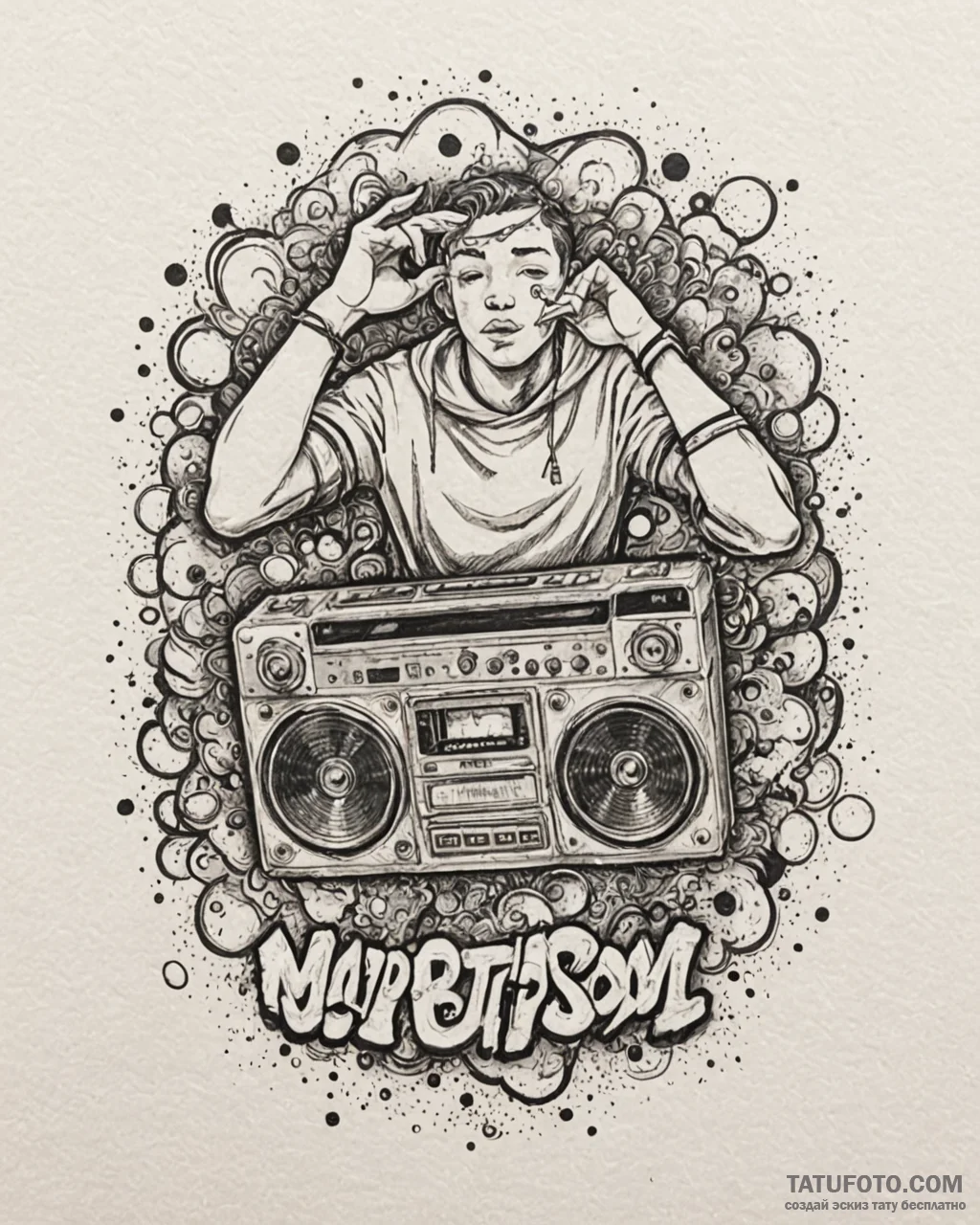 Tat tattoo sketch, hip-hop fan with graffiti… — эскиз тату (№1753123080_0, 21.07.2025 18:38) — Tatufoto.com