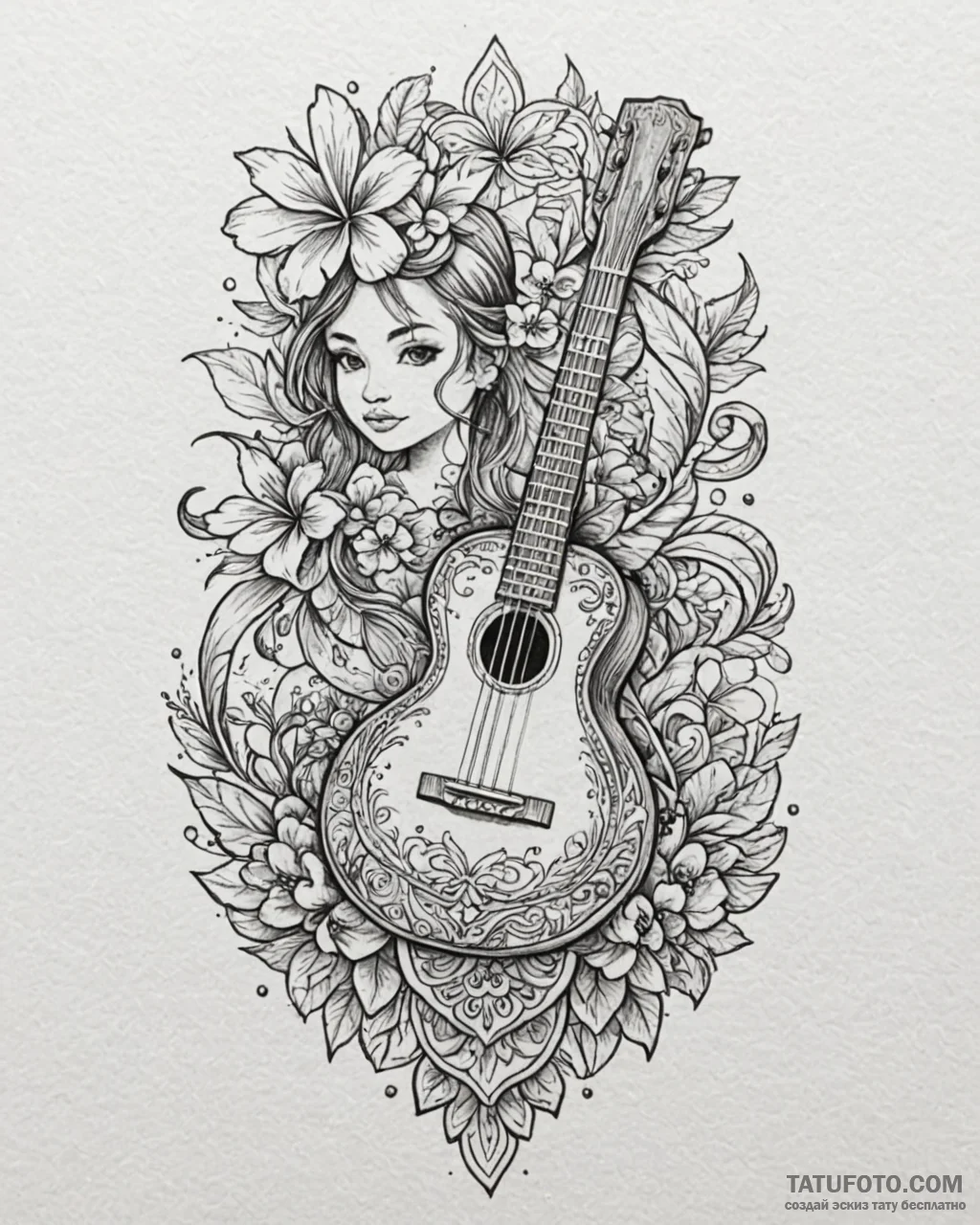 Tattoo sketch, lilo with ukulele, colorful ha... - эскиз тату (№1753123249_0, 21.07.2025 18:40) — Tatufoto.com