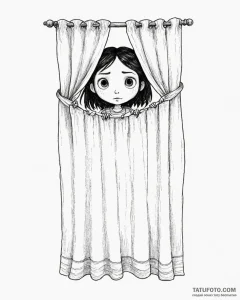 Tattoo sketch, coraline hiding behind curtain... - эскиз тату (№1753123588_0, 21.07.2025 18:46) — Tatufoto.com