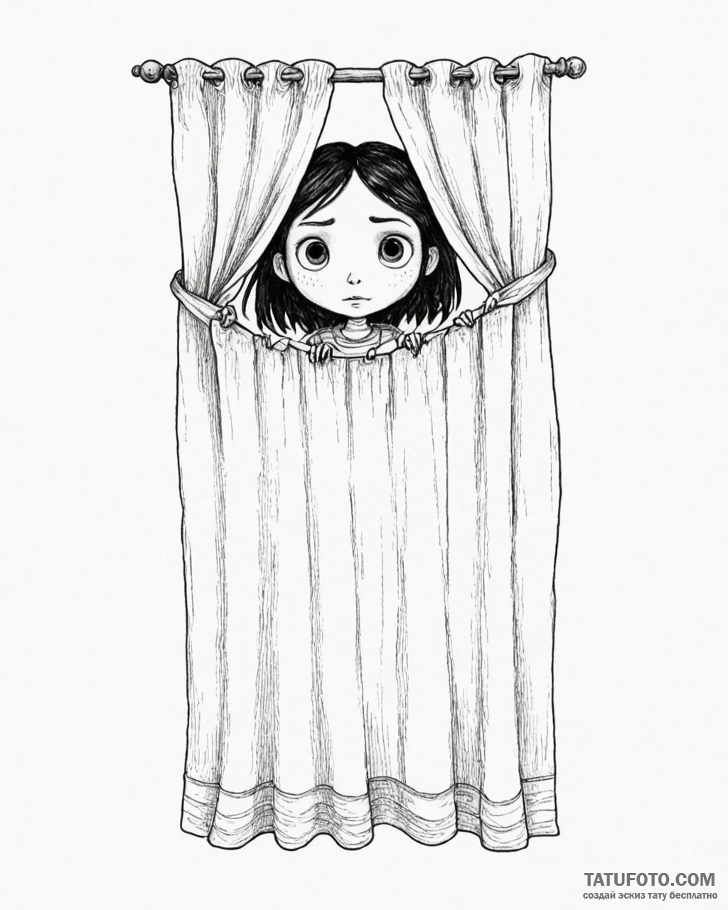Tattoo sketch, coraline hiding behind curtain... - эскиз тату (№1753123588_0, 21.07.2025 18:46) — Tatufoto.com