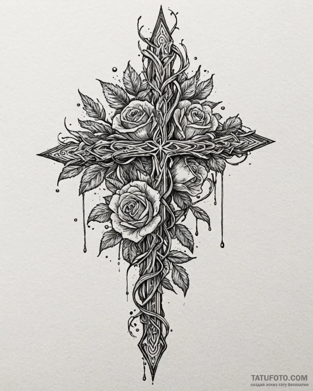 Tat tattoo sketch, cross entwined with thorns… — эскиз тату (№1753125785_0, 21.07.2025 19:23) — Tatufoto.com