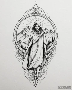 Tat tattoo sketch, traveler standing on mount... - эскиз тату (№1753126892_0, 21.07.2025 19:41) — Tatufoto.com