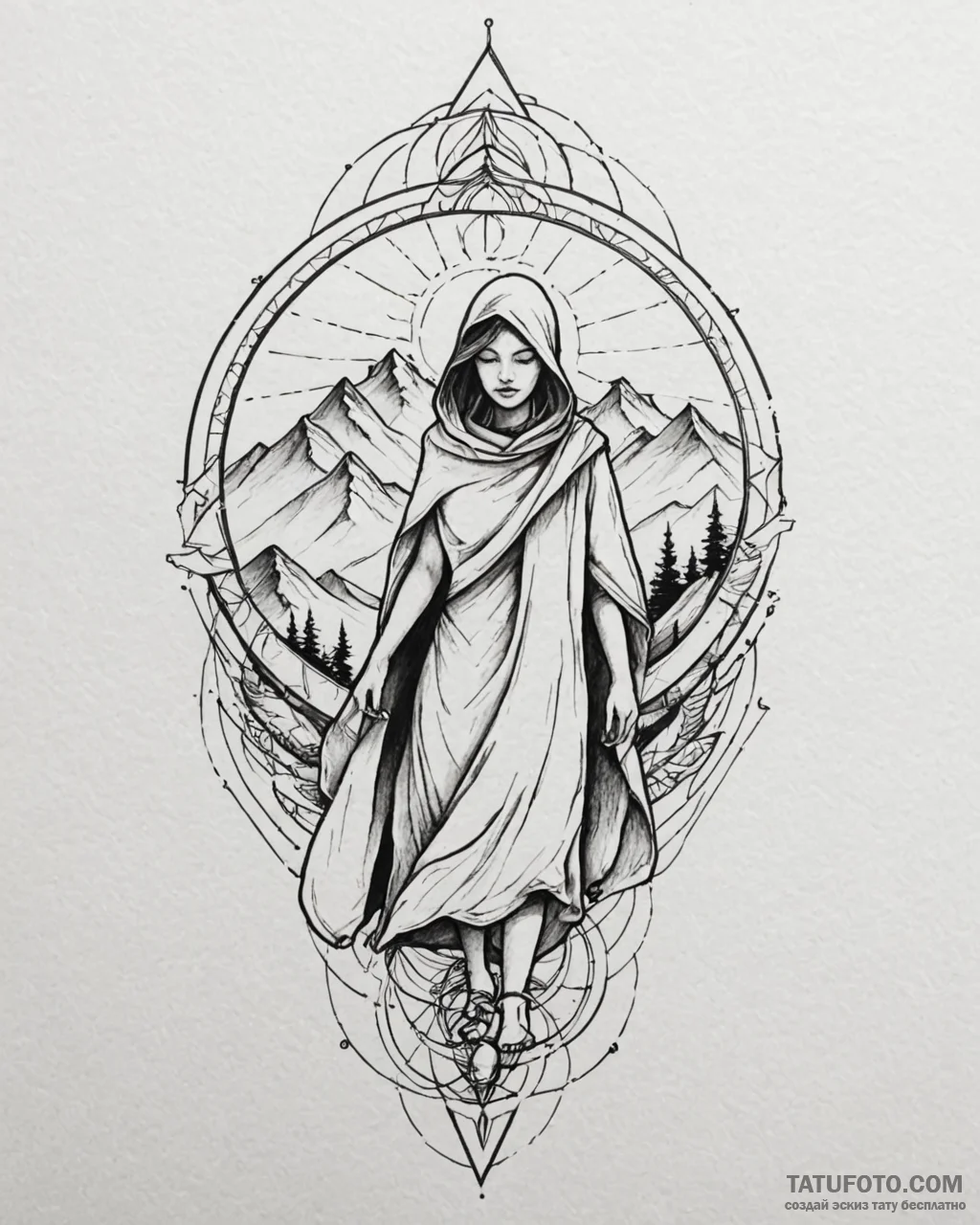 Tat tattoo sketch, traveler standing on mount... - эскиз тату (№1753126892_0, 21.07.2025 19:41) — Tatufoto.com