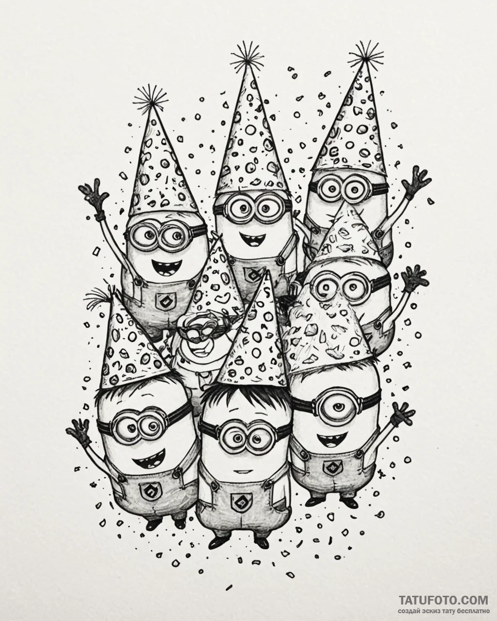 Tattoo sketch, minions with party hats and co... - эскиз тату (№1753127314_0, 21.07.2025 19:48) — Tatufoto.com