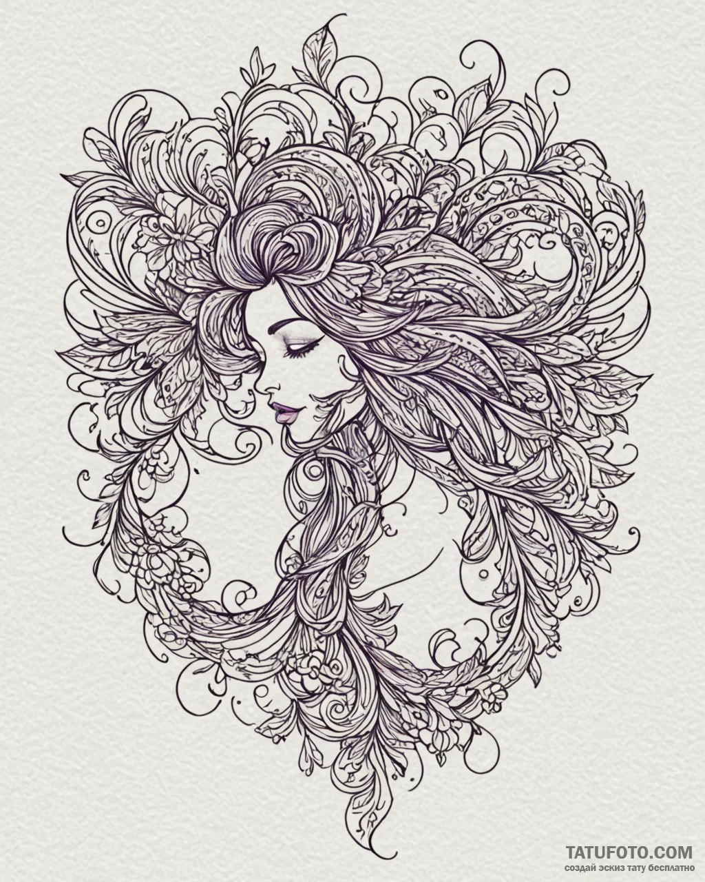 Tattoo sketch, violet with dark hair flowing,... - эскиз тату (№1753128079_0, 21.07.2025 20:01) — Tatufoto.com
