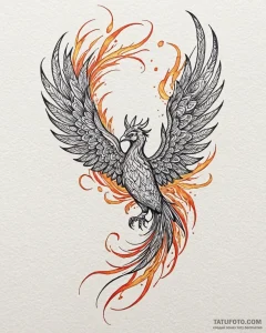 Tattoo sketch, phoenix in mid-flight with tra... - эскиз тату (№1753128418_0, 21.07.2025 20:06) — Tatufoto.com