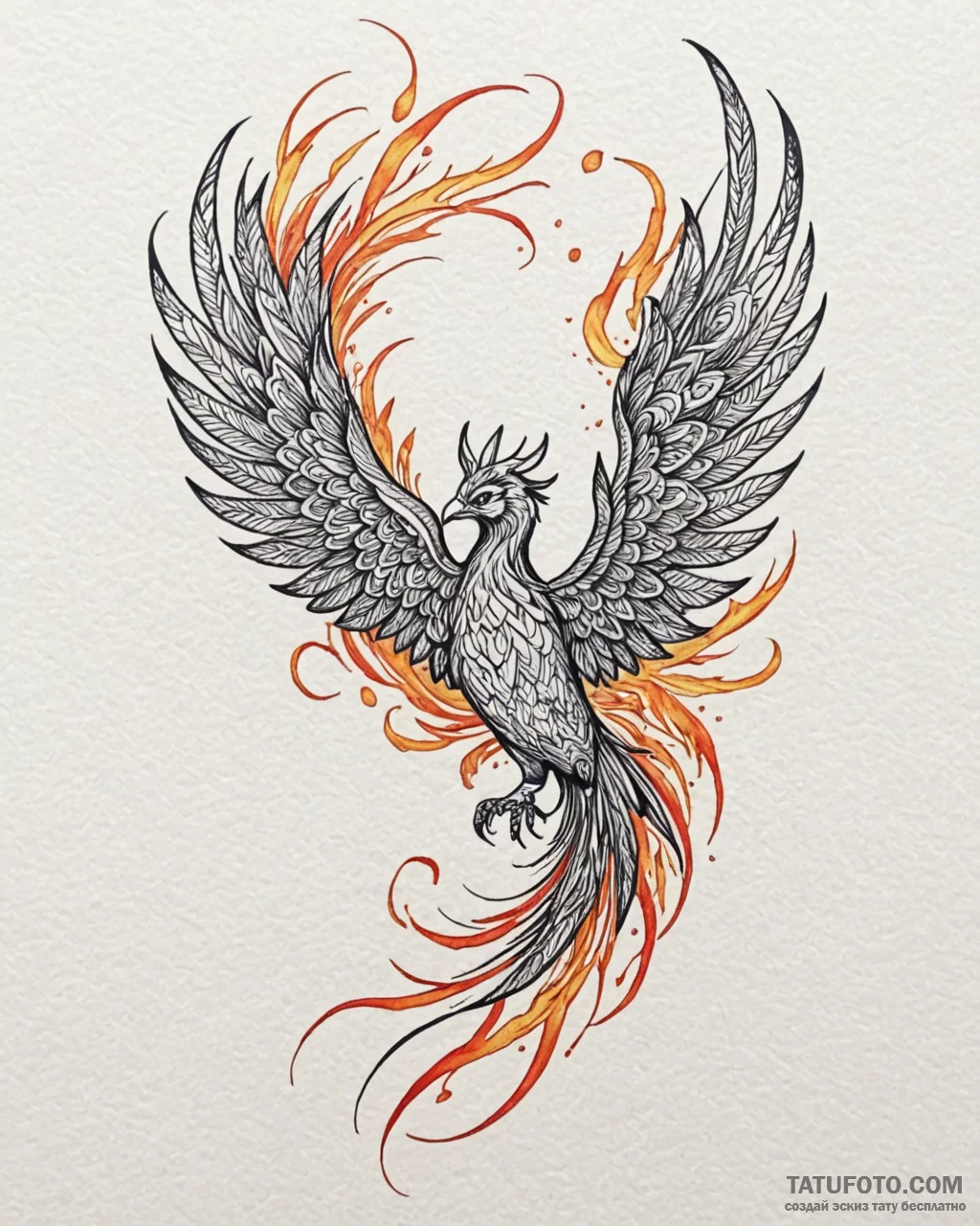 Tattoo sketch, phoenix in mid-flight with tra... - эскиз тату (№1753128418_0, 21.07.2025 20:06) — Tatufoto.com