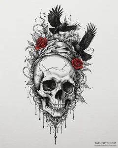 Tat tattoo sketch, skull with crow perched on... - эскиз тату (№1753128929_0, 21.07.2025 20:15) — Tatufoto.com