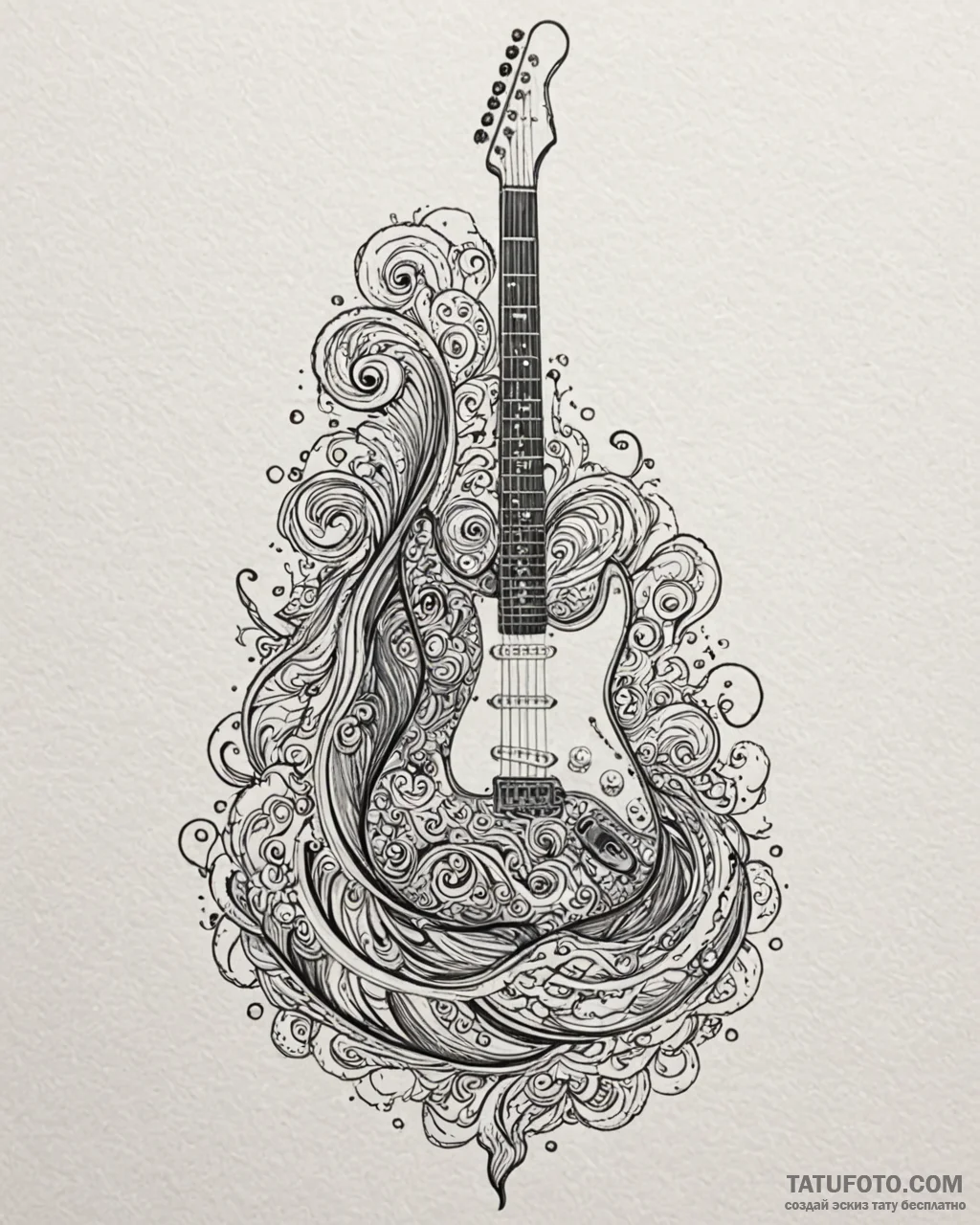 Tat tattoo sketch, electric guitar with ocean... - эскиз тату (№1753129269_0, 21.07.2025 20:21) — Tatufoto.com
