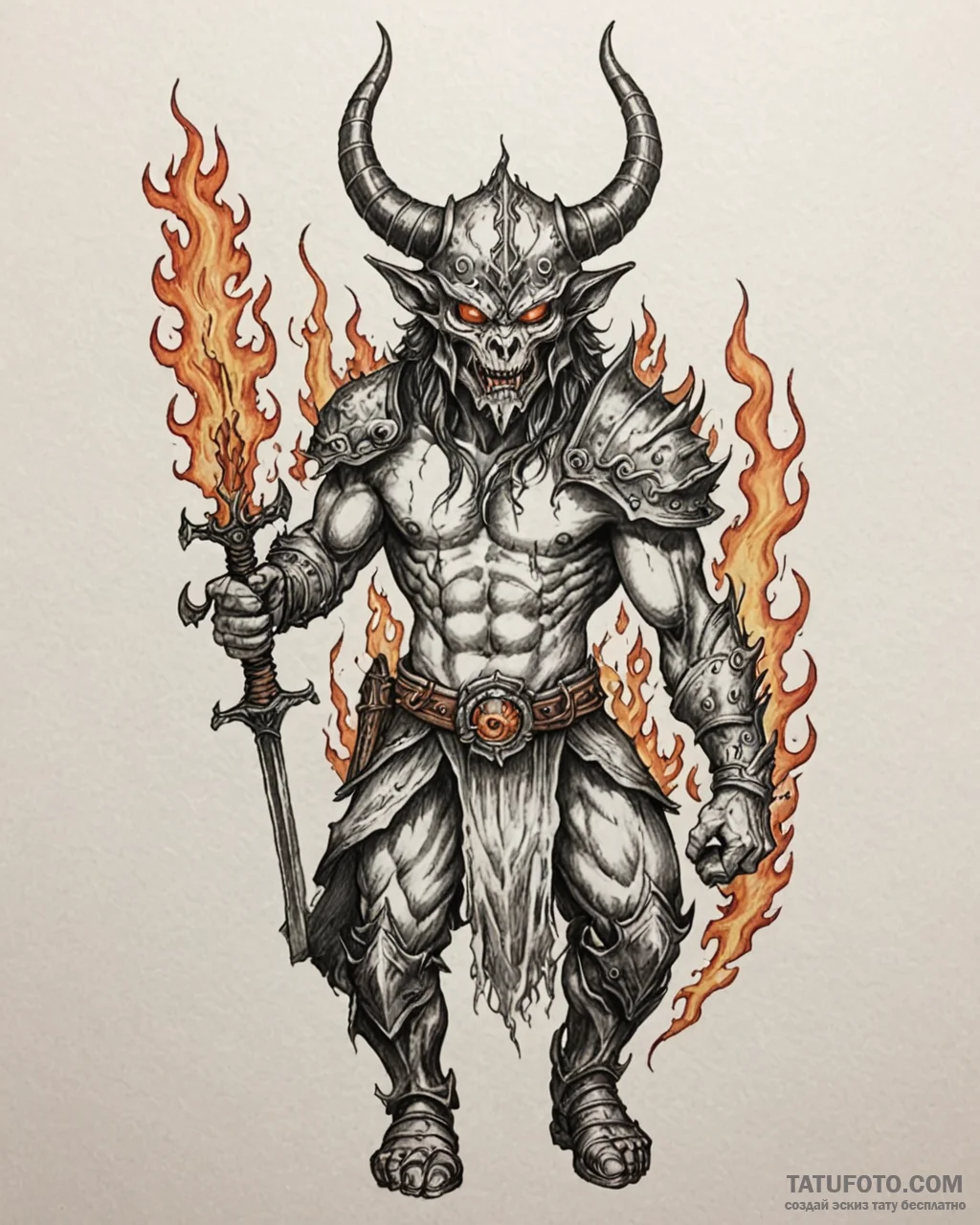 Tat tattoo sketch, demon warrior holding flam... - эскиз тату (№1753129609_0, 21.07.2025 20:26) — Tatufoto.com