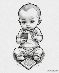 Tattoo sketch, boss baby holding smartphone,... - эскиз тату (№1753130455_0, 21.07.2025 20:40) — Tatufoto.com