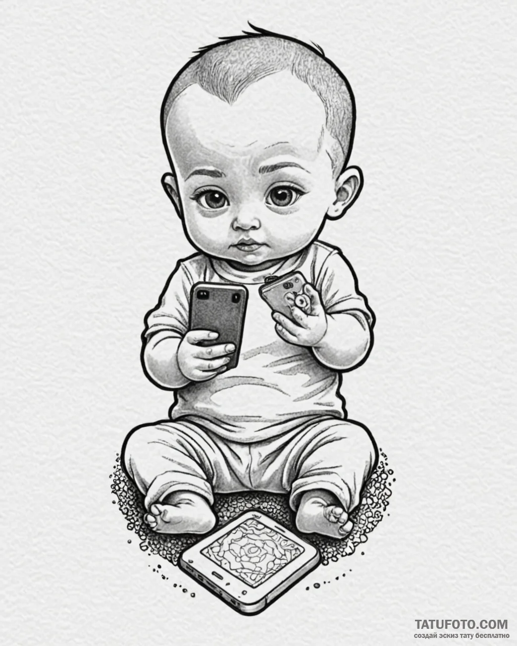 Tattoo sketch, boss baby holding smartphone,… — эскиз тату (№1753130455_0, 21.07.2025 20:40) — Tatufoto.com