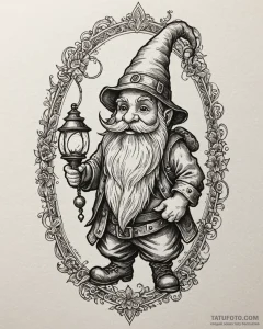 Tat tattoo sketch, stout gnome with pointed h... - эскиз тату (№1753130625_0, 21.07.2025 20:43) — Tatufoto.com