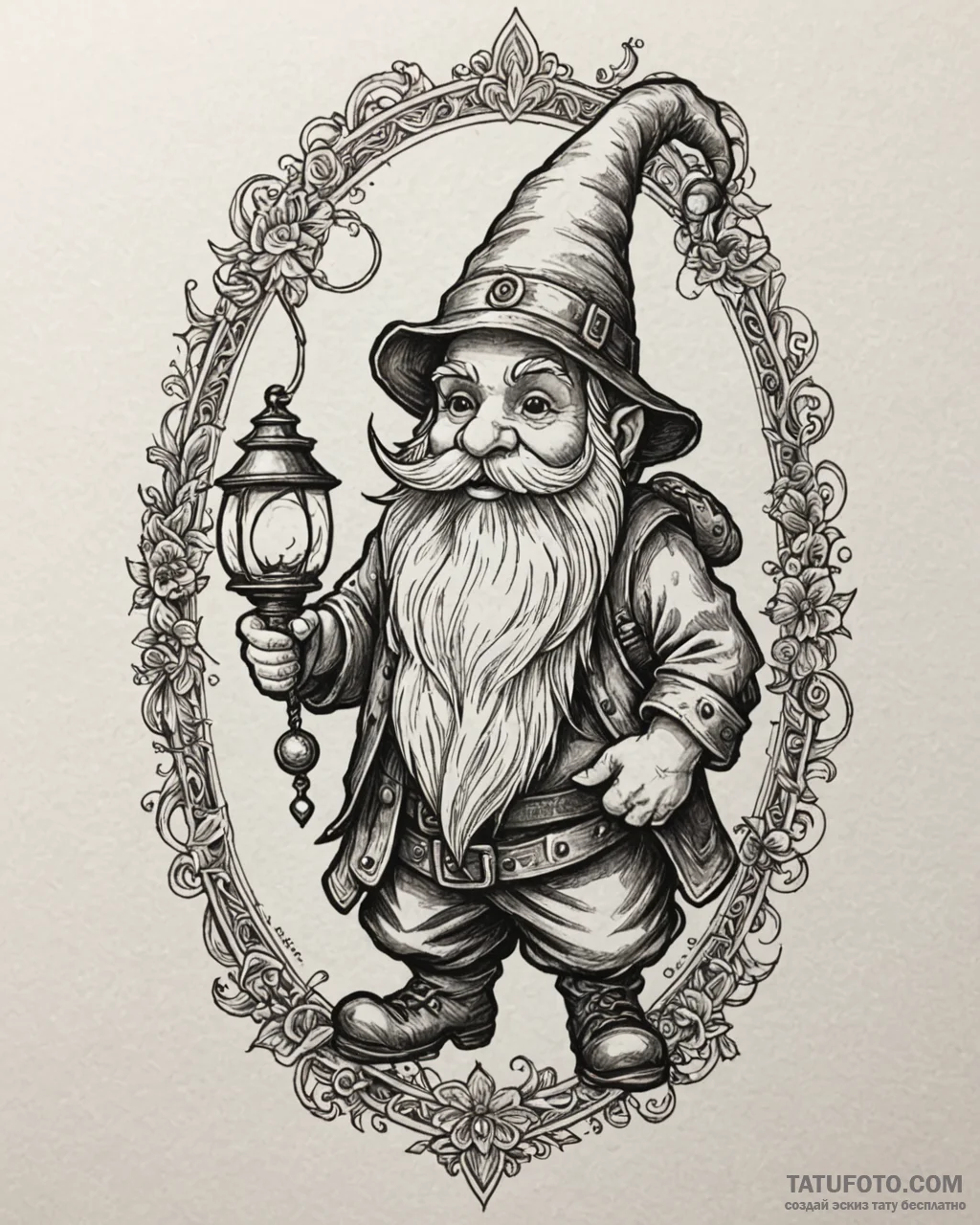Tat tattoo sketch, stout gnome with pointed h... - эскиз тату (№1753130625_0, 21.07.2025 20:43) — Tatufoto.com