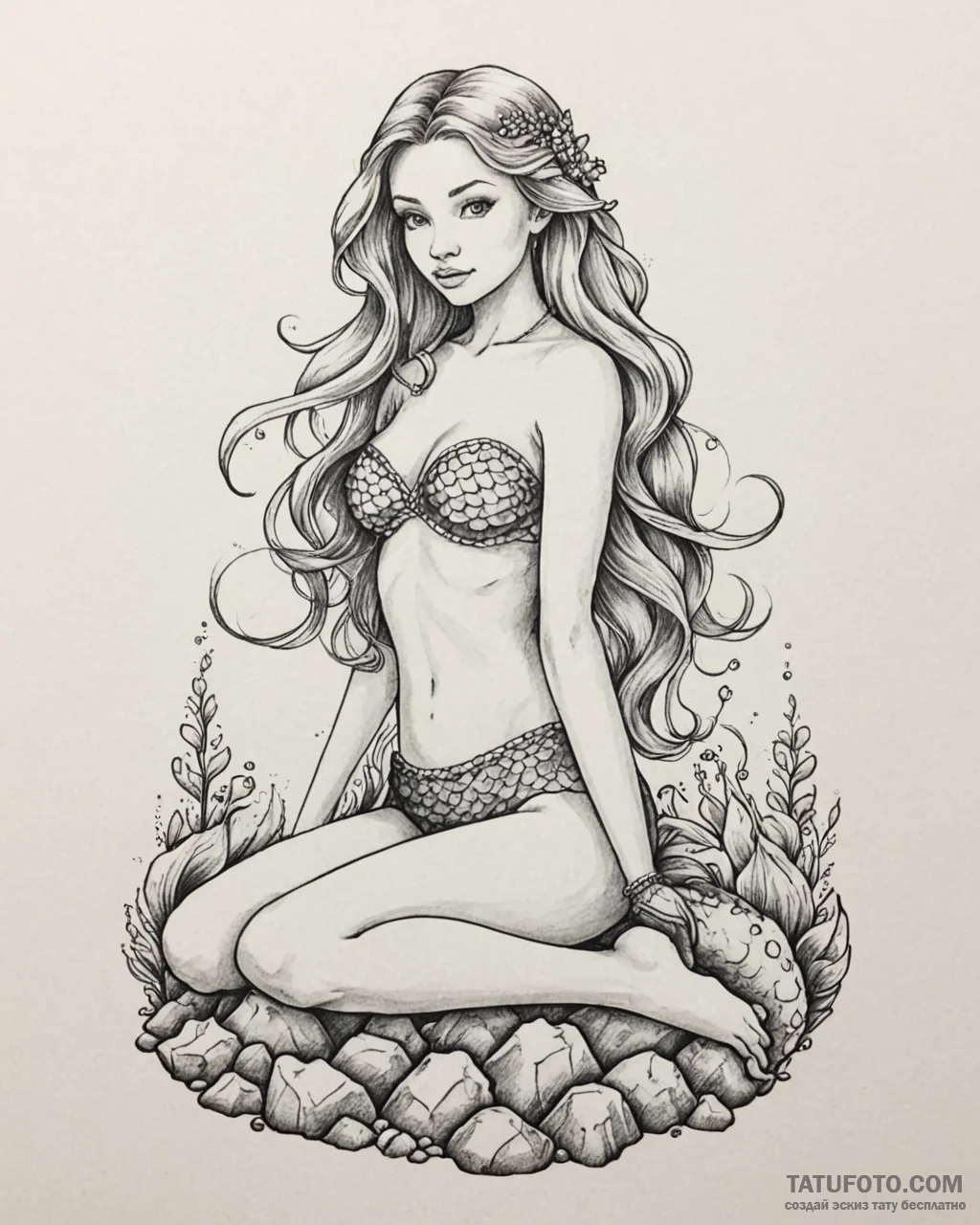 Tat tattoo sketch, enchanting mermaid sitting... - эскиз тату (№1753131899_0, 21.07.2025 21:04) — Tatufoto.com