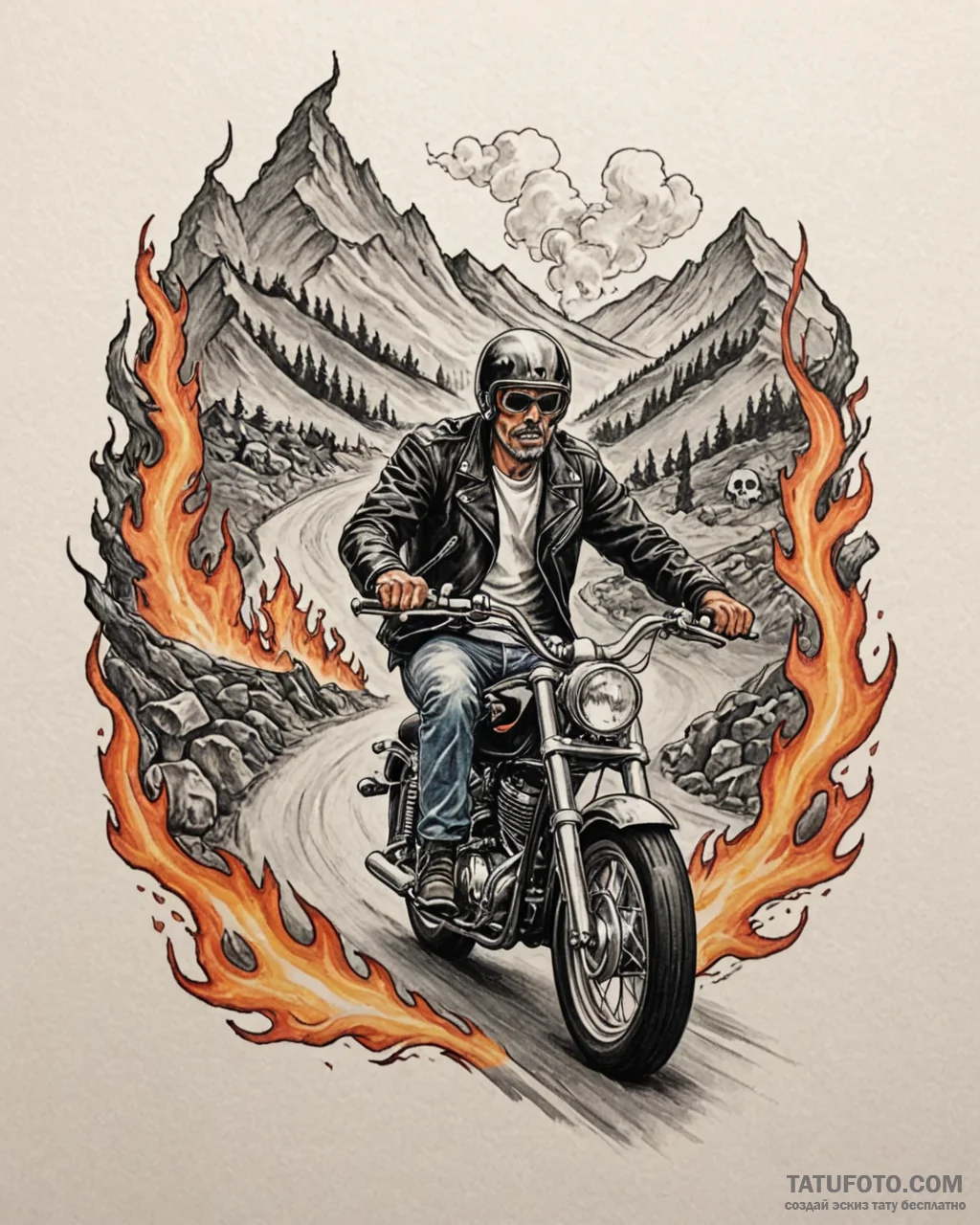 Tattoo sketch, rugged biker with leather jack... - эскиз тату (№1753132067_0, 21.07.2025 21:07) — Tatufoto.com