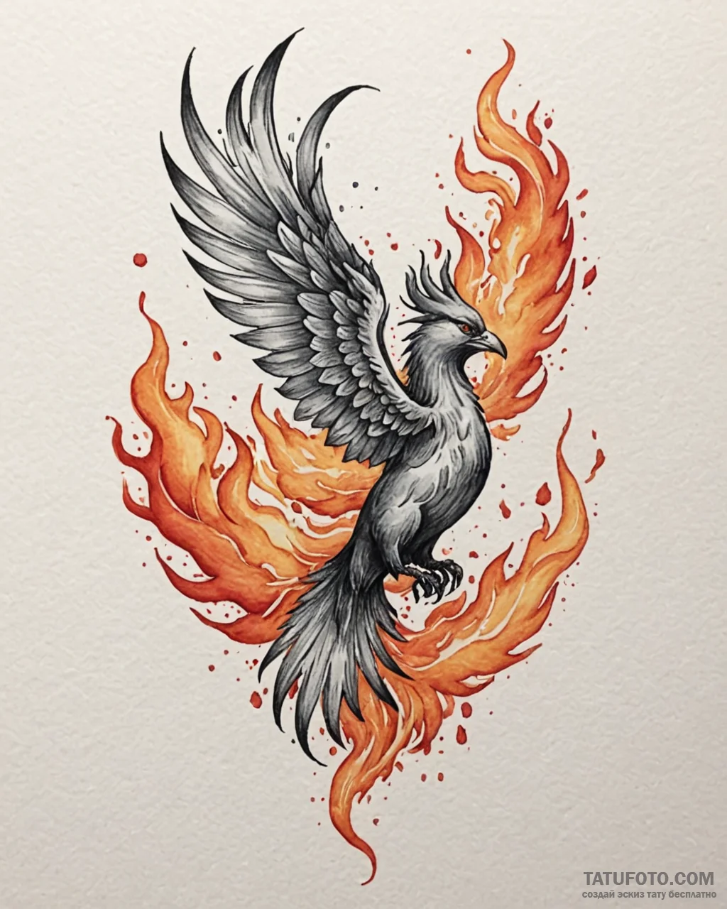 Tat tattoo sketch, watercolor phoenix burstin... - эскиз тату (№1753132665_0, 21.07.2025 21:17) — Tatufoto.com