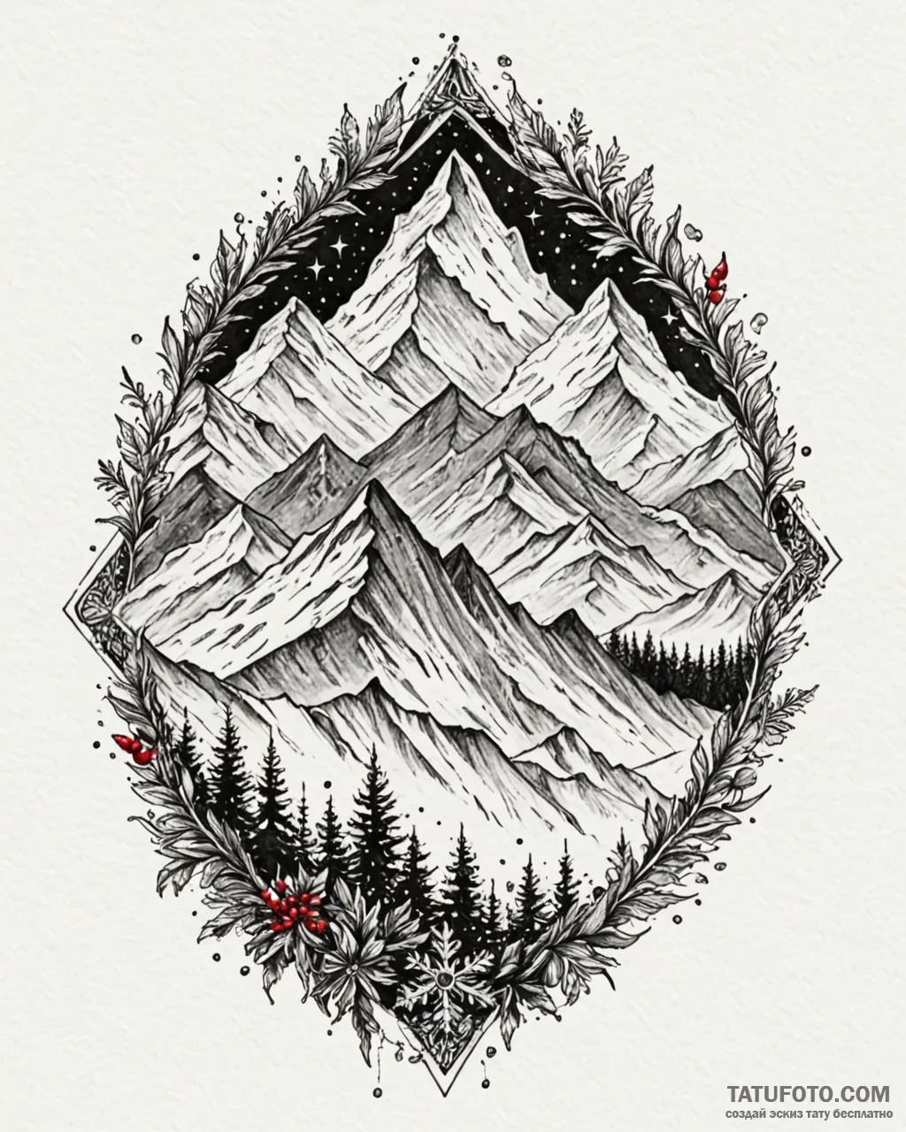 Tat tattoo sketch, icy mountain peaks with sn... - эскиз тату (№1753132836_0, 21.07.2025 21:20) — Tatufoto.com