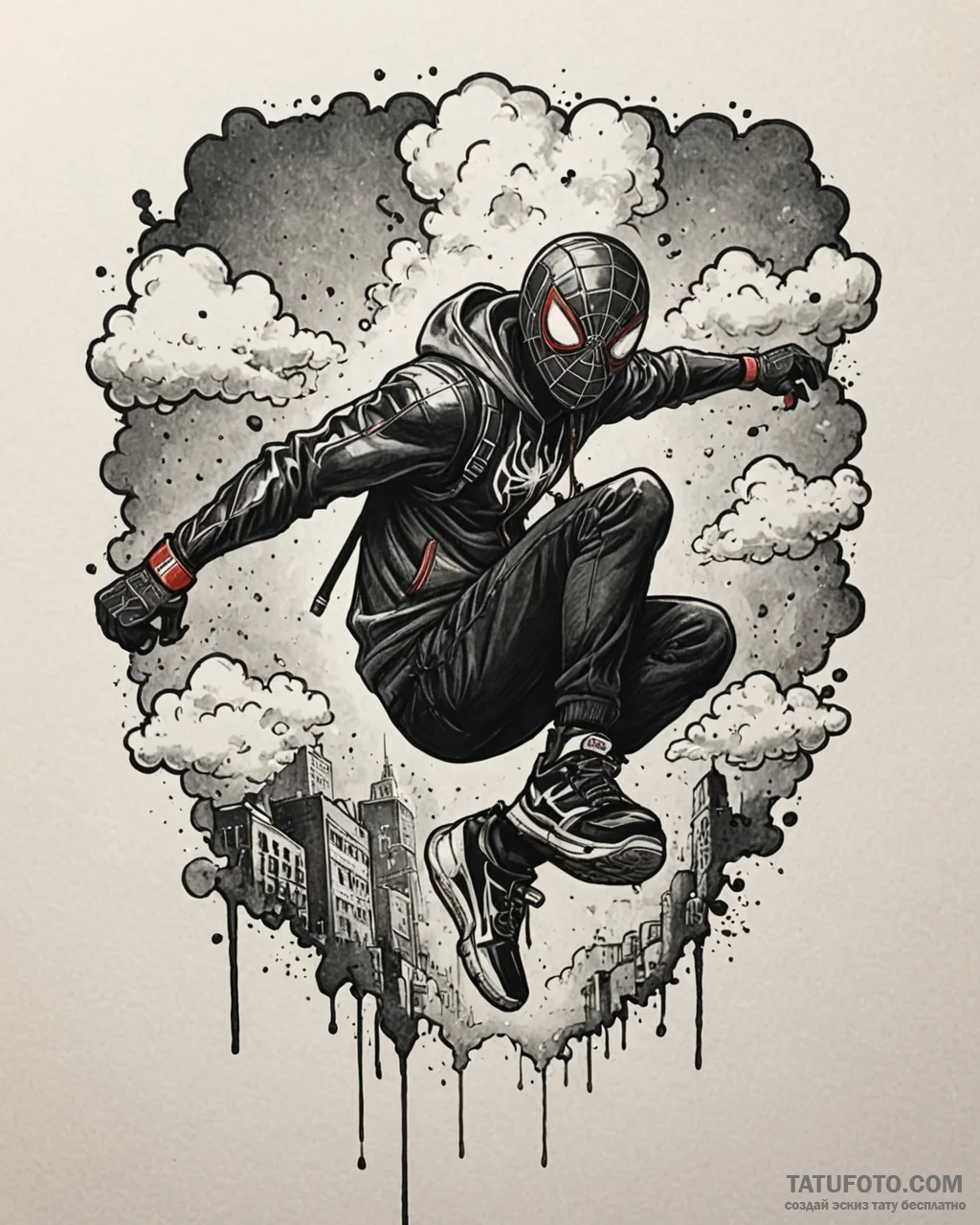 Tat tattoo sketch, miles morales swinging thr... - эскиз тату (№1753133614_0, 21.07.2025 21:33) — Tatufoto.com