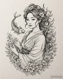 Tat tattoo sketch, boho girl with floral crow... - эскиз тату (№1753137965_0, 21.07.2025 22:46) — Tatufoto.com