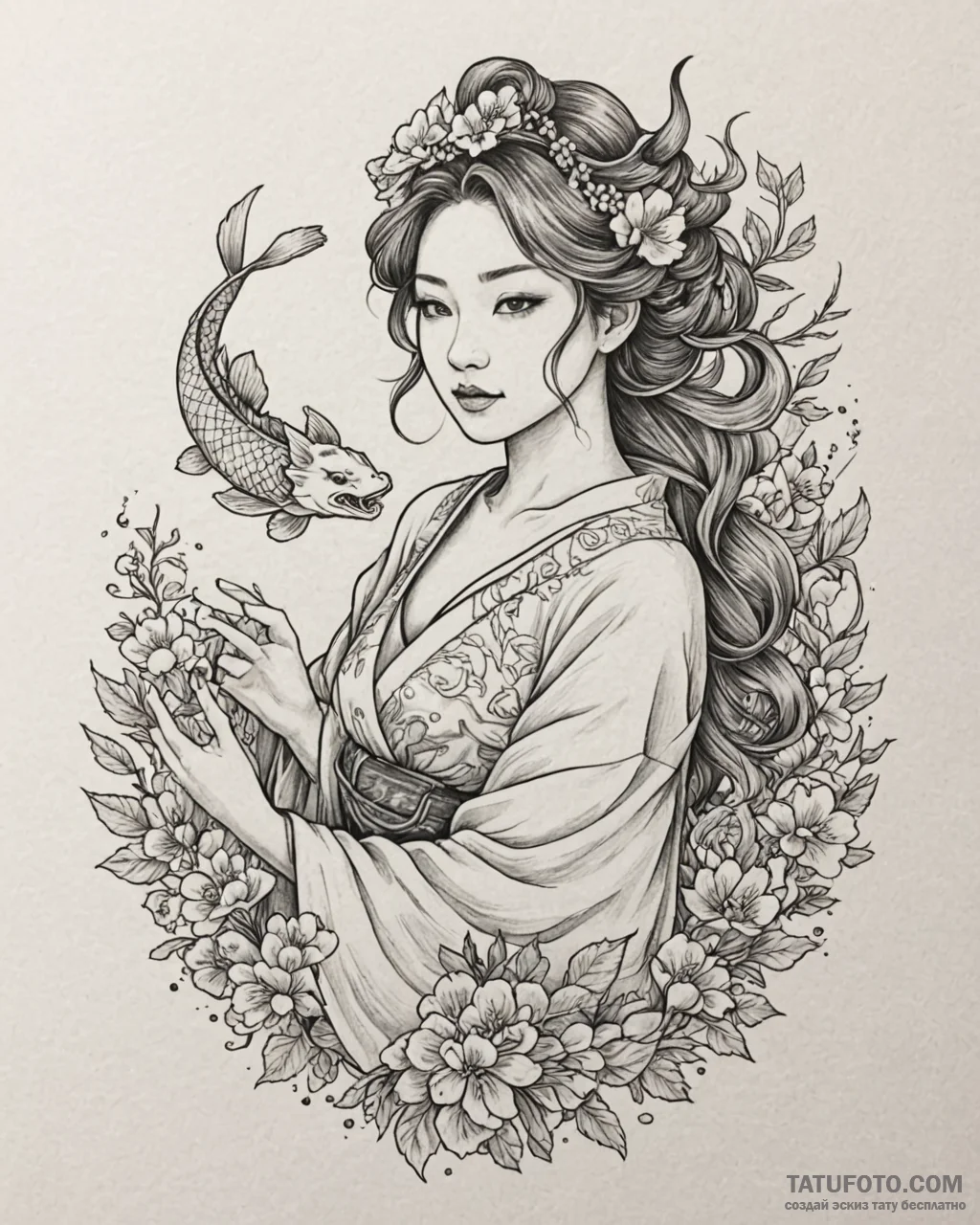 Tat tattoo sketch, boho girl with floral crow... - эскиз тату (№1753137965_0, 21.07.2025 22:46) — Tatufoto.com