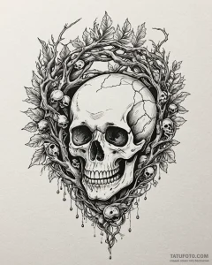 Tat tattoo sketch, skull entwined with oak br... - эскиз тату (№1753139151_0, 21.07.2025 23:05) — Tatufoto.com