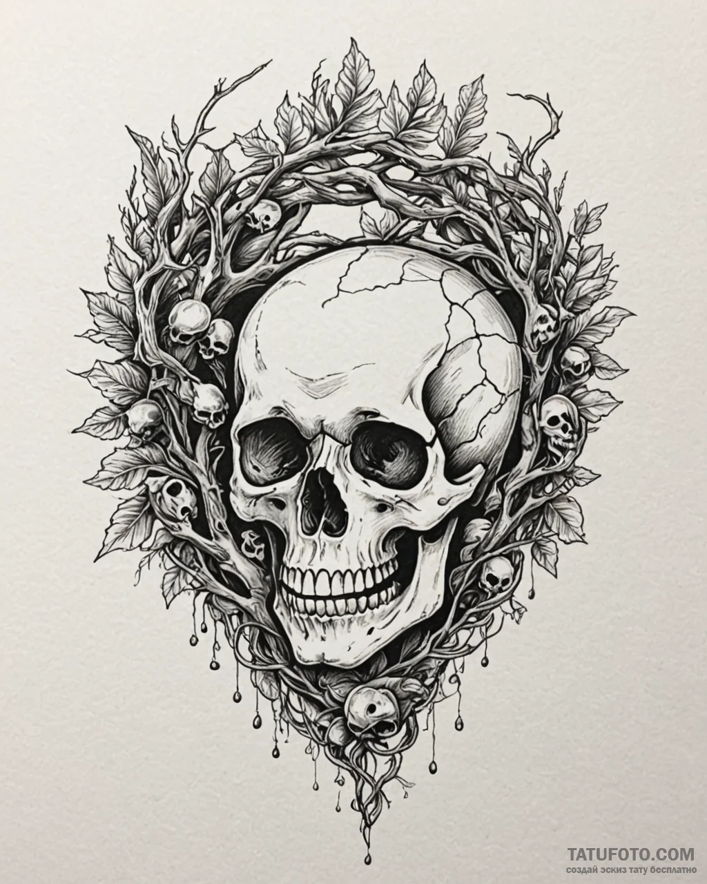 Tat tattoo sketch, skull entwined with oak br... - эскиз тату (№1753139151_0, 21.07.2025 23:05) — Tatufoto.com