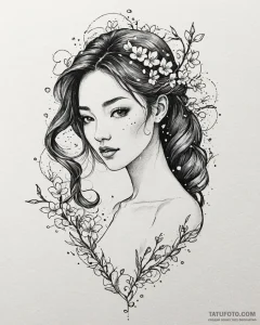 Tattoo sketch, mei lee surrounded by floating... - эскиз тату (№1753139407_0, 21.07.2025 23:10) — Tatufoto.com