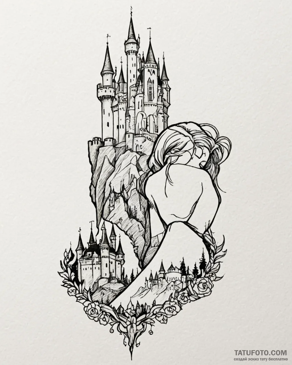 Tattoo sketch, sophie with castle silhouette... - эскиз тату (№1753140780_0, 21.07.2025 23:33) — Tatufoto.com