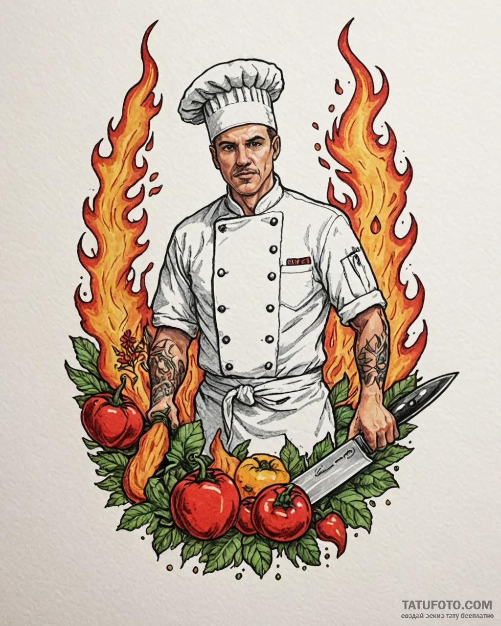 Tattoo sketch, chef’s knife slicing through v... - эскиз тату (№1753140949_0, 21.07.2025 23:35) — Tatufoto.com