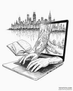 Tat tattoo sketch, freelancer’s hand typing o... - эскиз тату (№1753141377_0, 21.07.2025 23:42) — Tatufoto.com