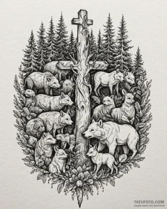 Tattoo sketch, koda and kenai surrounded by w... - эскиз тату (№1753141632_0, 21.07.2025 23:47) — Tatufoto.com