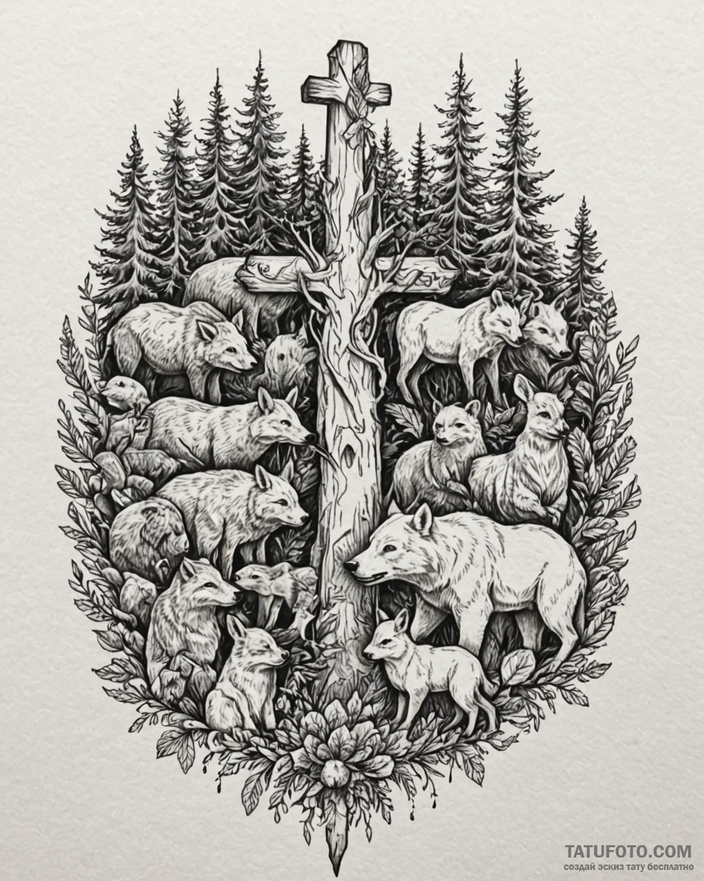 Tattoo sketch, koda and kenai surrounded by w... - эскиз тату (№1753141632_0, 21.07.2025 23:47) — Tatufoto.com