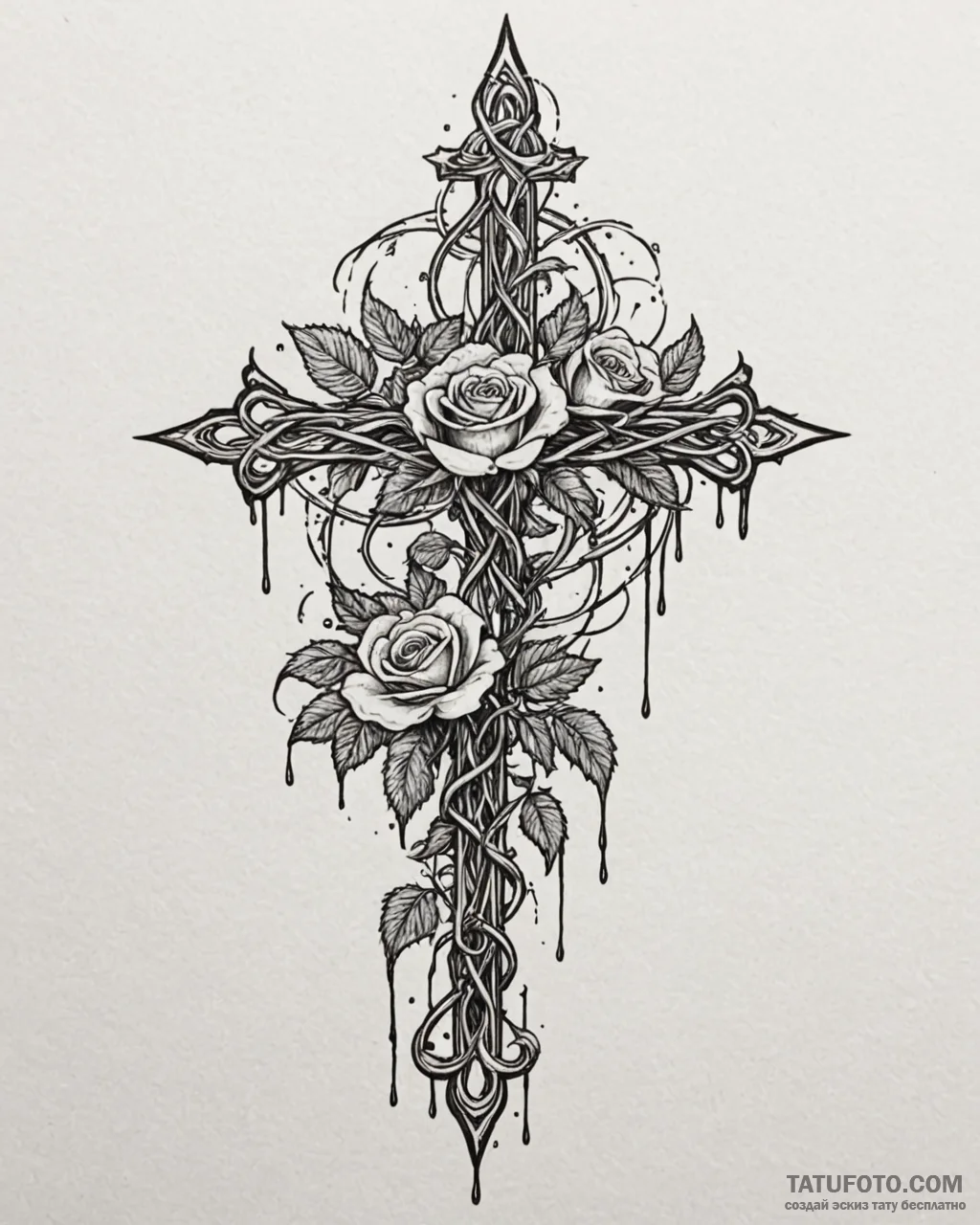 Tat tattoo sketch, cross entwined with thorns... - эскиз тату (№1753142397_0, 21.07.2025 23:59) — Tatufoto.com