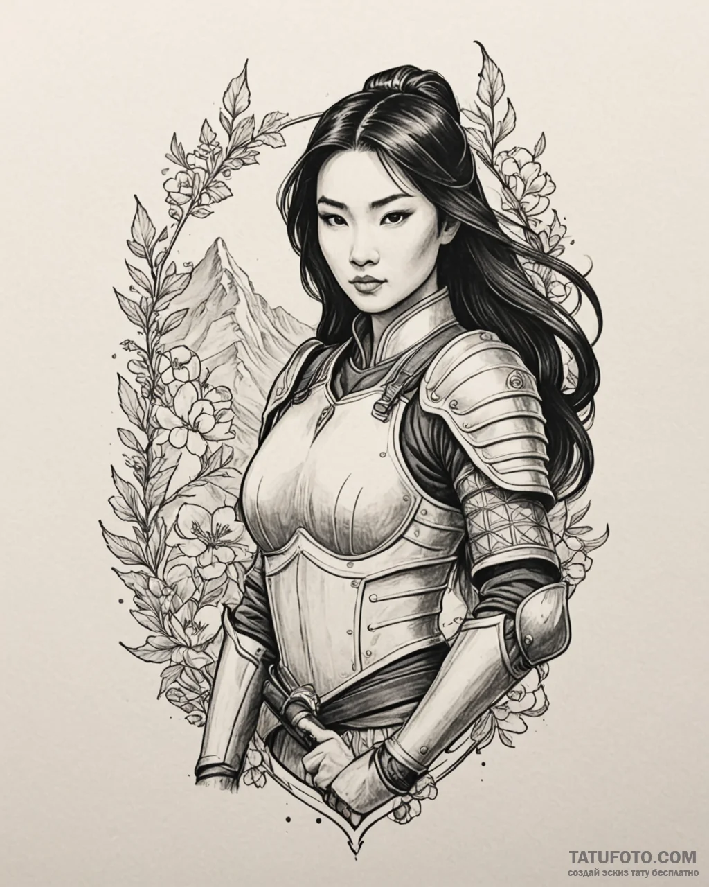 Tattoo sketch, mulan ii mulan in warrior armo... - эскиз тату (№1753142651_0, 22.07.2025 00:04) — Tatufoto.com