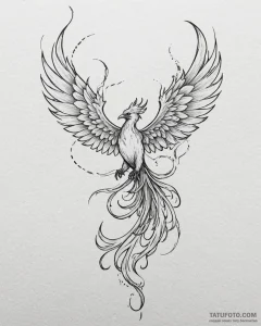 Tattoo sketch, phoenix in mid-flight with tra... - эскиз тату (№1753143675_0, 22.07.2025 00:21) — Tatufoto.com