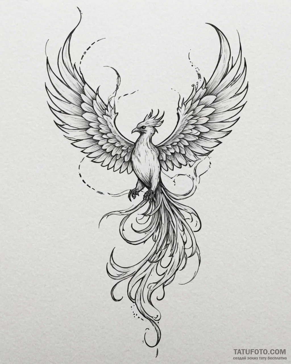 Tattoo sketch, phoenix in mid-flight with tra... - эскиз тату (№1753143675_0, 22.07.2025 00:21) — Tatufoto.com