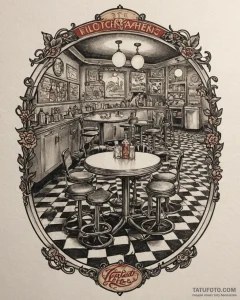 Tat tattoo sketch, retro diner scene with che... - эскиз тату (№1753143845_0, 22.07.2025 00:24) — Tatufoto.com