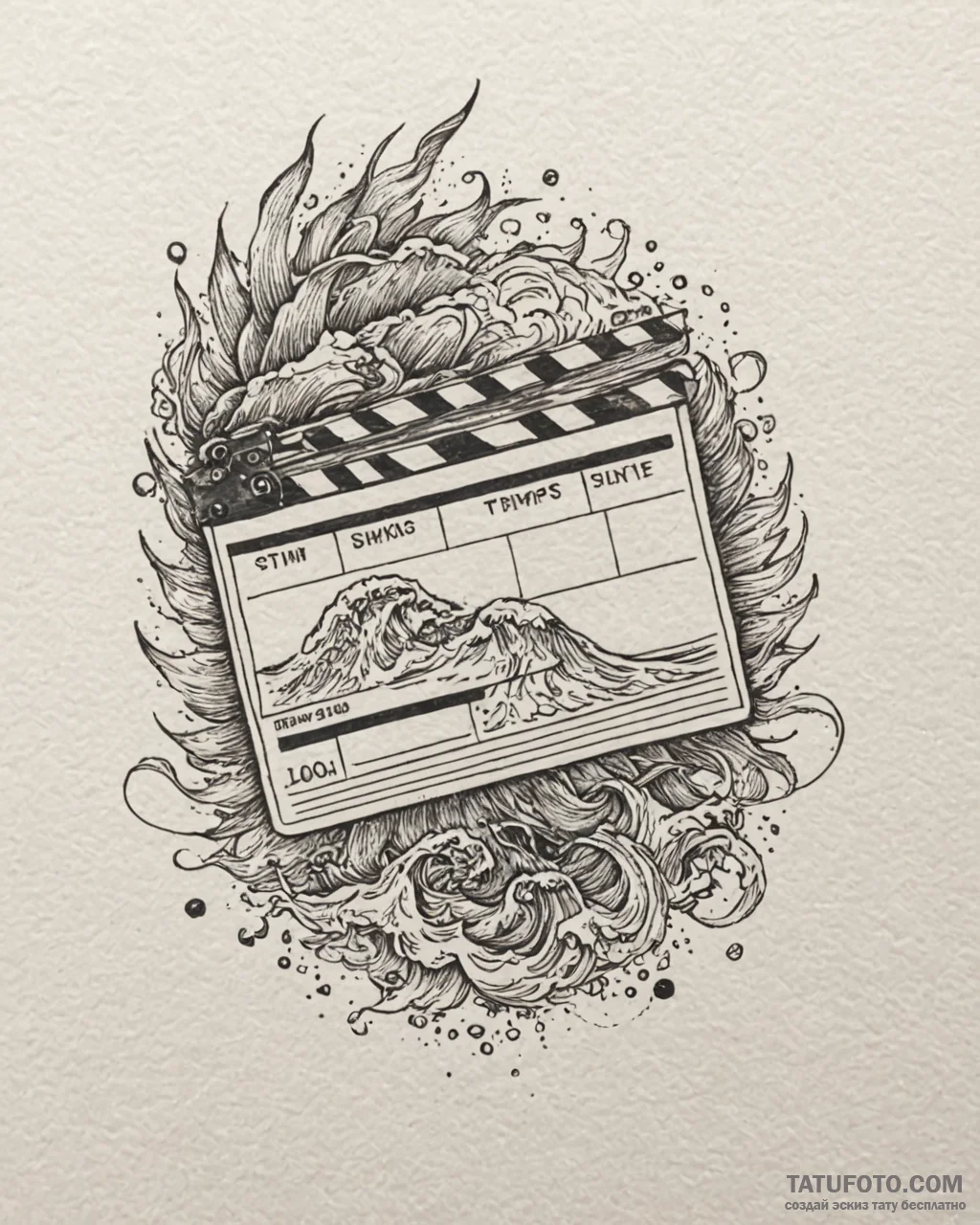Tat tattoo sketch, director’s clapboard with... - эскиз тату (№1753144014_0, 22.07.2025 00:26) — Tatufoto.com