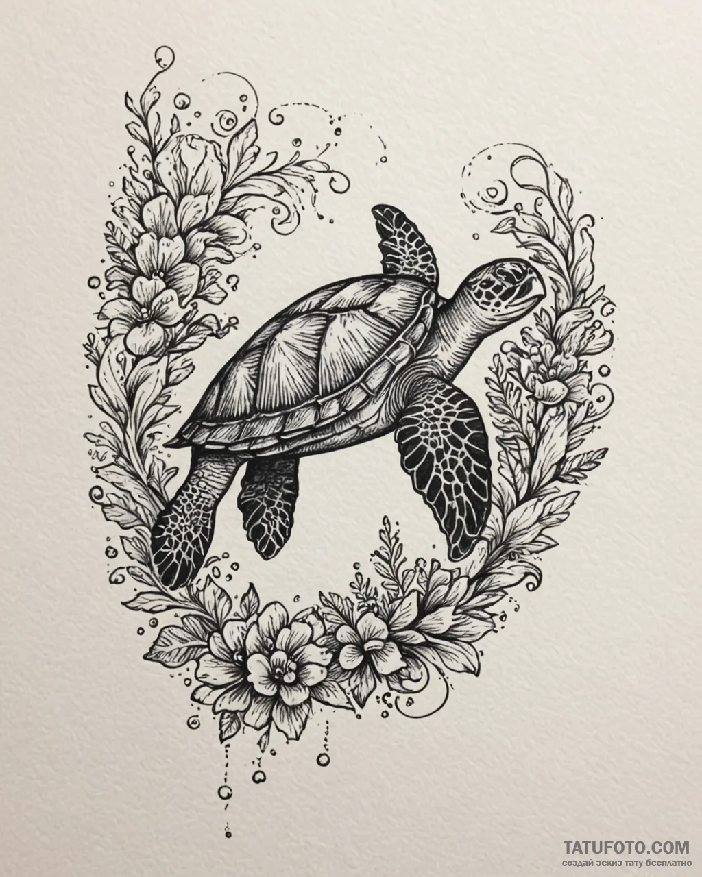 Tat tattoo sketch, sea turtle swimming over c... - эскиз тату (№1753144661_0, 22.07.2025 00:37) — Tatufoto.com