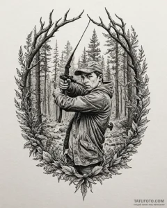 Tattoo sketch, hunter aiming bow in dense for... - эскиз тату (№1753144746_0, 22.07.2025 00:39) — Tatufoto.com