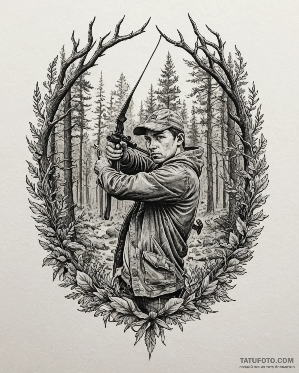 Tattoo sketch, hunter aiming bow in dense for... - эскиз тату (№1753144746_0, 22.07.2025 00:39) — Tatufoto.com