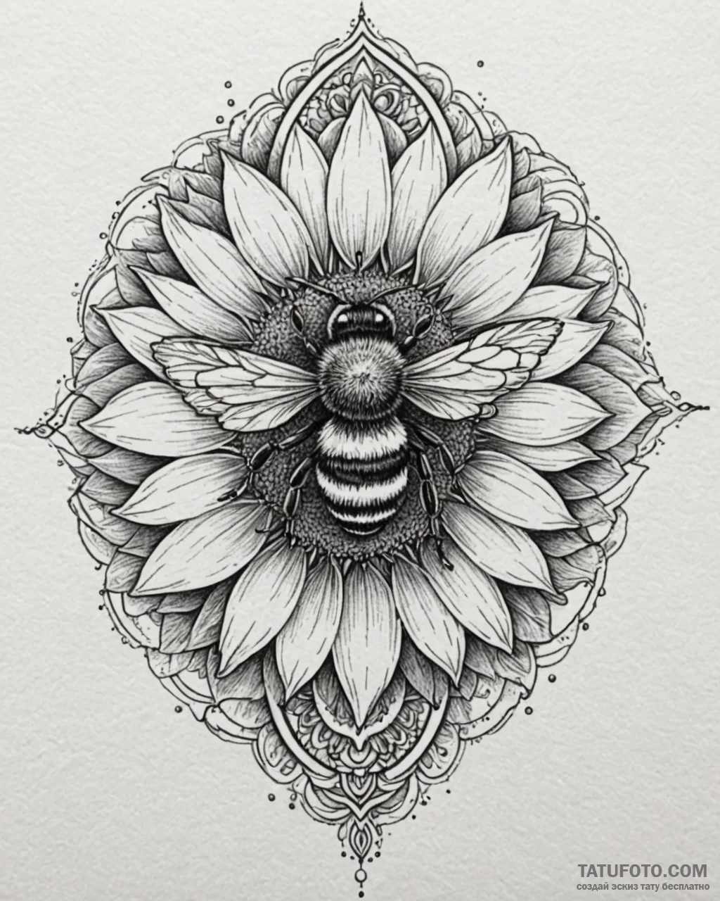 Tat tattoo sketch, lively honeybee collecting... - эскиз тату (№1753145597_0, 22.07.2025 00:53) — Tatufoto.com
