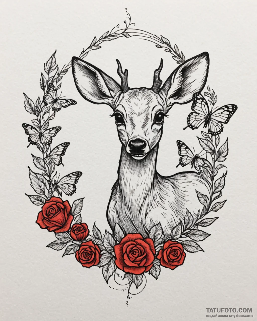 Tattoo sketch, bambi lying in grass with butt... - эскиз тату (№1753145849_0, 22.07.2025 00:57) — Tatufoto.com