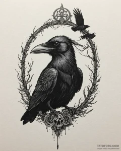 Tattoo sketch, raven perched on cracked skull... - эскиз тату (№1753146105_0, 22.07.2025 01:01) — Tatufoto.com
