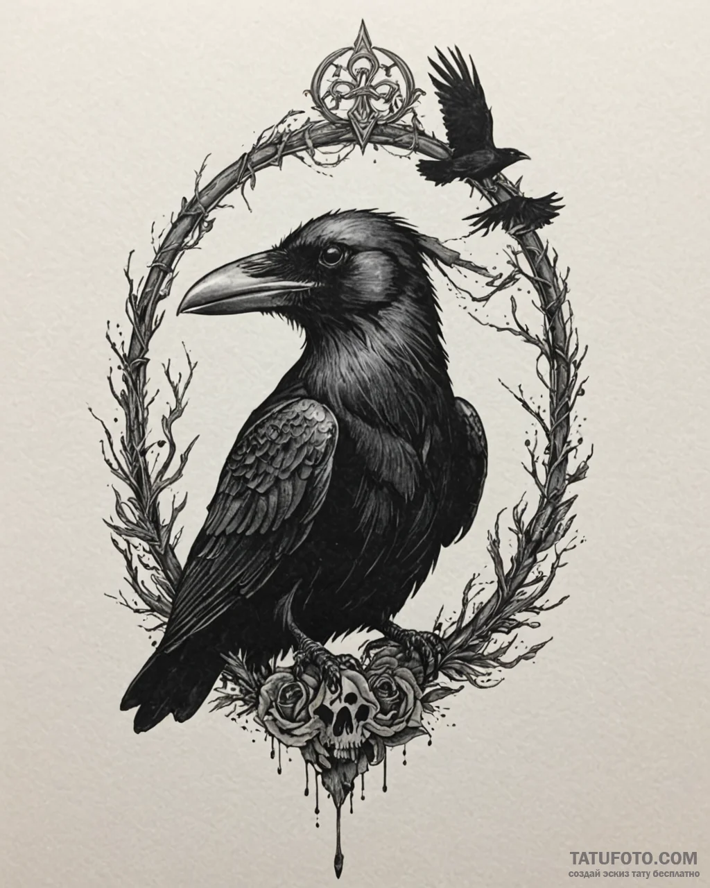 Tattoo sketch, raven perched on cracked skull... - эскиз тату (№1753146105_0, 22.07.2025 01:01) — Tatufoto.com